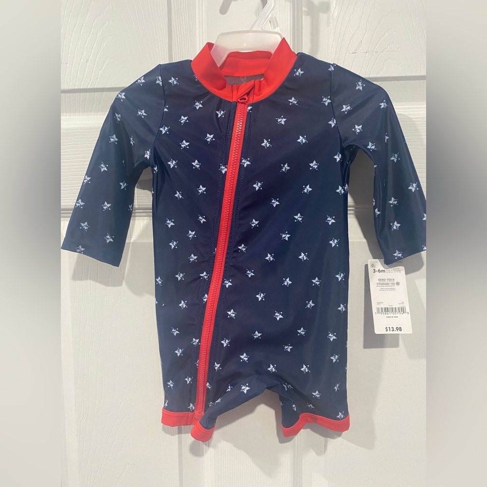 Baby boy or girl neutral stars zip up long sleeve swim suit outfit